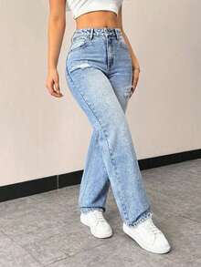 Jeans rectos de talle alto con bolsillos, ajustados y desgastados para mujer - Lavado ligero 2 - Ver 6