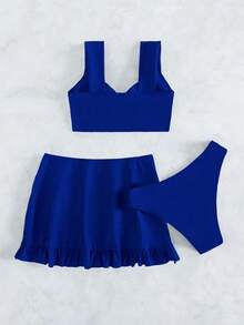 Swim Conjunto de bikini de 2 piezas con diseño trenzado de unicolor para mujer de verano, con cubrepantalón y minifalda - azul real - Ver 4