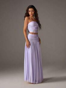 Unity Conjunto de 2 piezas de top corto de bustier de malla de unicolor y falda larga para mujer - Púrpura malva - Ver 6
