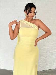 Vestido maxi ajustado con hombros asimétricos, de estilo elegante y romántico, para mujer de talla grande.Adecuado para fiestas, vacaciones en la playa, vuelta al colegio, citas románticas, temporada de bodas, cumpleaños, Pascua, primavera/verano. - Amarillo - Ver 7