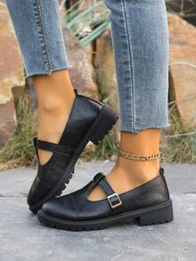 Vintage Round Toe British Style Leather Shoes For Women, T-Strap Loafers, Japanese School Style Shoes, Thick Heel Commuting Daily Comfortable Adjustable Slip-On Shoes - Black - View 4