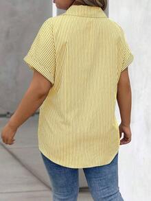 Vionelle Blusa casual de talla grande para mujer con estampado de rayas azul y blanco, de manga corta y abotonada, para el verano - Amarillo - Ver 2