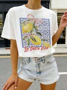 Camiseta gráfica con gráfico de construcción y letra, blusas gráficas para mujeres - Blanco - Ver 3