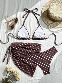Swim Mod Conjunto de bikini de 3 piezas con estampado de lunares, escote halter y espalda con lazo, para vacaciones en la playa, atuendo de primavera, carnaval 2026, elegante, casual, traje de baño con falda - Multicolor - Ver 2