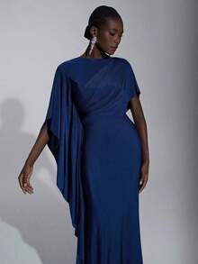 Elegante y lujoso vestido de dama de honor con abertura y volantes en las mangas, de satén azul marino - Azul - Ver 7