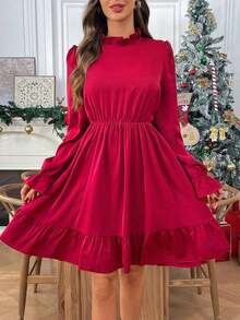 Vestido corto casual de manga larga con cuello alto y estampado floral para mujer - Rojo - Ver 8