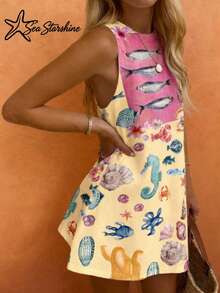 Estrella de mar brillante Primavera/Verano Moda de mujer: Estilo de vacaciones y casual | Estampado de sardina tropical | Mundo submarino vibrante | Vestido con estampado de letras - Albaricoque - Ver 3