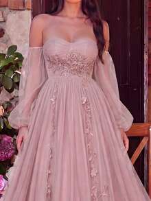 Faeriesty Fairy-Style Luxury Applique Detail Off-Shoulder Mesh Prom Dress Pink Wedding Party - Pink - View 6