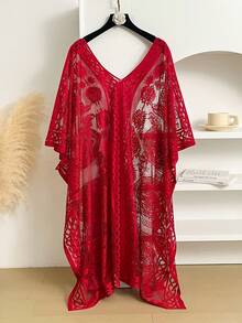 Women's Floral Lace V-Neck Kimono Cover-Up Sheer Mesh Long Bohemian Beach Vacation Robe Shawl Casual Everyday Wear Available In Multiple Colors One Size - màu đen - Xem 5