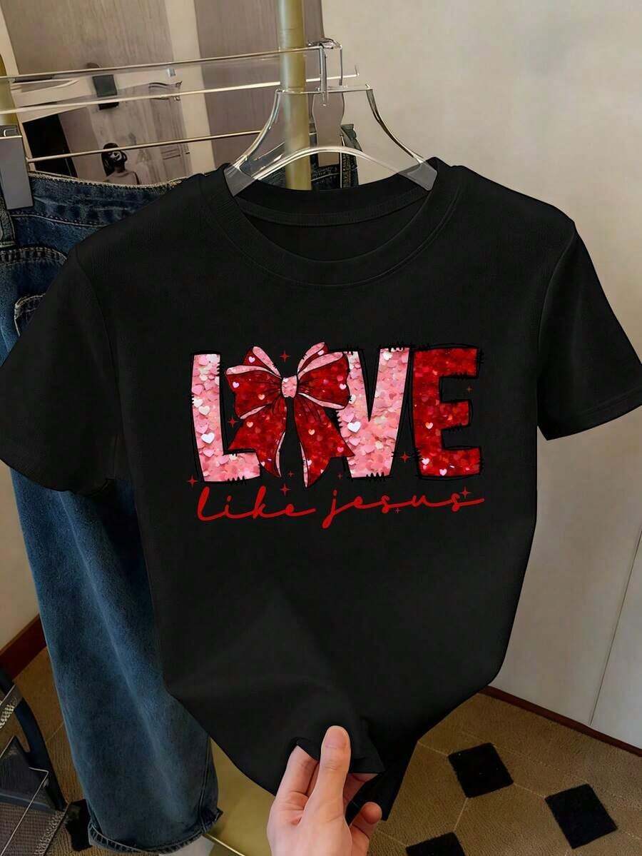 Vintage Loose Fit T-Shirt For New Year 2026 - Sparkling Pink Lettering, Happy New Year! Printed With Heart Shapes And Bows, Casual Short Sleeve Crew Neck Party Top, A Dazzling 2026 Celebration Top Suitable For All Seasons. Fashion 100% Cotton - 3 - 查看 1