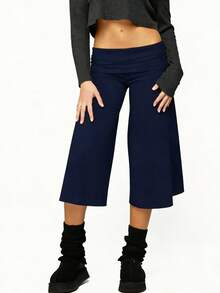 Y2K Fold-Over Waist Wide Leg Cropped Culottes, Low-Rise Casual Knit Pants For Women, Multi-Color Options - 孔雀藍 - 查看 6
