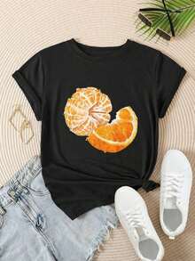 Cool T-Shirt With A Vintage Mandarin Orange Slice Print, A  Casual Tee For Women, Suitable For All Seasons.

-WhiteFashion - 黑色 - 查看 2
