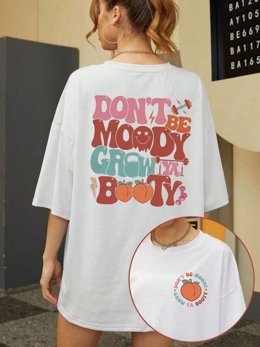 Casual Crew Neck Short-Sleeve T-Shirt With Slogan Print "Don't Be Grumpy, Grow Your Butt", Funny Gym T-Shirt For Women, Gift For Fitness Lovers, Casual Short-Sleeve T-Shirt For Spring/Summer In White Women's Sports T-Shirts - Phong cách II - Xem 1