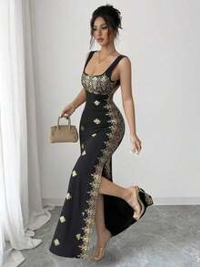 YHHSHEIN Raffinéa Vestido de verano nuevo para mujer, dorado brillante y negro, con cuello cuadrado, tirantes de espagueti, espalda descubierta, bajo con abertura, ajustado de cintura alta, adecuado para fiestas, bodas, banquetes de negocios, ocasiones diarias, galas, fiestas de boda y atuendos festivos. YHH - Negro - Ver 9