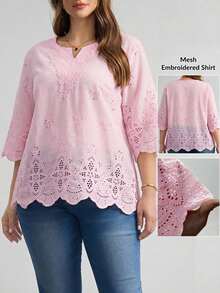 Blusa de verano de talla grande, de unicolor, hueca, bordada, casual, para vacaciones, temporada de bodas, nuevo diseño de playa para mujer - Rosa - Ver 7