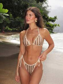 Women's Sexy Minimalist Chic Beach Vacation Travel Date 2-Piece Swimwear Set, Featuring Special Fabric And Gold Starfish Decor, Halter Tie-Up, Spring/Summer New Arrival - Beige - View 8