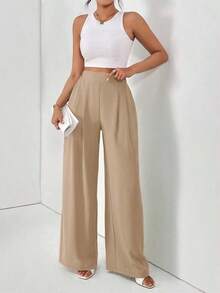 Pantalones holgados básicos casuales de cintura alta de unicolor, plisados y de pierna ancha para mujer - Caqui - Ver 5