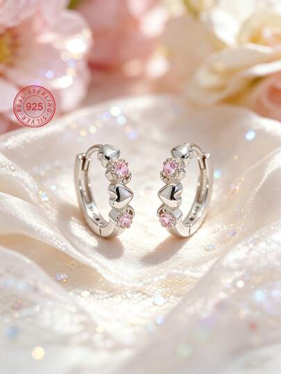 1 Pair 925 Sterling Silver Heart Earrings, Cute And Adorable, Inlaid With Pink Zirconia, Delicate And Lovely, Gift Box Packaging, Suitable For Daily Or Holiday Wear, Gift For Girls, Friends, Back To School, Holiday Gift