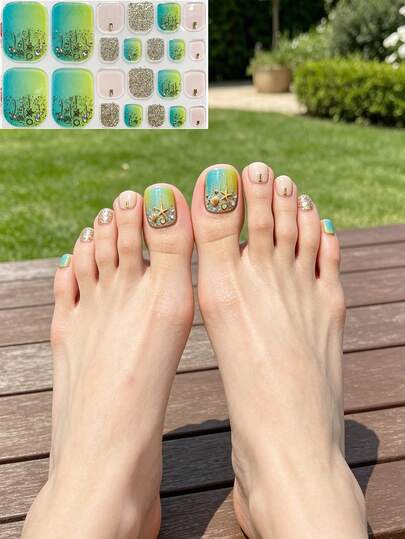 Best Selling Ocean Element Nail Art Travel Outfit Nail 3D Gradient Green Star Moon Design Nail Stickers 22pcs Foot Nail Stickers