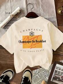 Women's Vintage T-Shirt [Double-Sided Print], Short-Sleeved, Round Neck, Casual Style, With The Brand "Champagne" And The Phrase "Champagne For Breakfast" Printed In A Yellow Rectangle On The Back, Machine Washable, Suitable For Casual Wear, Multi-Purpose Clothing, Fashionable T-Shirt, Comfortable Material, For Fashion Enthusiasts. - 杏色 - 查看 2