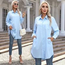 Oversized Solid Color Shirt, Women's Long Sleeve Button-Up Tunic Top With Side Slits - 藍色 - 查看 4