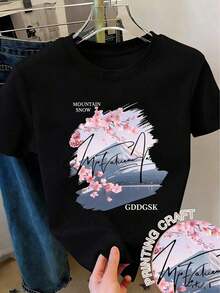 Camiseta de manga corta con cuello redondo y estampado minimalista para mujer, ideal para vacaciones de verano y uso casual. - Negro - Ver 6