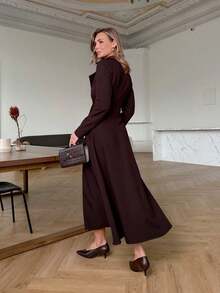 Vestido Mujer Estilo Occidental Elegante, Color Marrón, Escote V, Manga Larga, Cintura Ajustada, Envolvente, Estilo A, Nuevo 2026 - Marrón - Ver 5