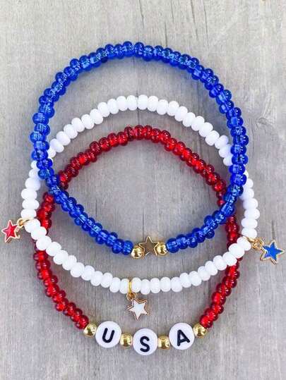 3pcs Fashionable Beaded Geometric Letter & USA Star Pendant Set, Asymmetrical Shape With Rice Shaped Beads, Good Friends Bracelet For Women's Party, Independence Day