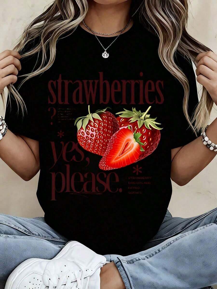Women's Summer T-Shirt With Vintage Strawberry Print "Yes Please", Retro Graphic T-Shirt With Fruit Design, Casual Summer Top For Women, Cool And Comfortable Fashion T-Shirts. - 黑色 - 查看 1