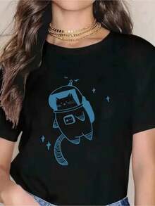 Best Selling Women's Summer T-Shirt - Astronaut Cat Print, 100% Cotton, Loose Fit, Short Sleeve, Round Neck, Casual T-Shirt For Daily Wear And Travel, Black And White, Summer Clothes, Fun Design, Comfortable Fabric. - 黑色 - 查看 10