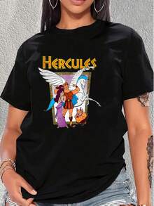 Imagen inspirada en la mitología griega que muestra a un héroe valiente junto a un caballo alado y sus amigos simbolizando fuerza amistad y esperanza camiseta de mujer de corte cómodo  suave ideal para uso diario y expresar energía positiva - Negro - Ver 6