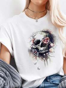 Camiseta Casual de Mujer de Tejido de Punto con Cuello Redondo, Manga Corta, Estampado de Calaveras y Flores, Diseño de Hombros Caídos - Blanco - Ver 7