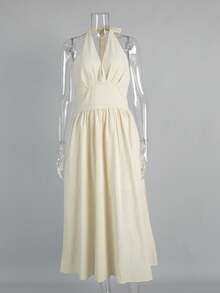 Vestido largo algodón cuello V con lazos, cintura marcada estilo moda primavera verano - Albaricoque - Ver 4