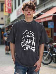 Camiseta negra de manga corta, diseño con estampado de calaveras y bandana, acabado lavado. - Negro - Ver 3