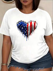 Camiseta casual de manga corta con estampado de corazón patriótico para mujer, de longitud regular. Ropa de mujer adecuada para: el hogar, reuniones, vacaciones, escuela, fiestas, etc. Prenda básica para combinar con otras prendas. Idea de regalo. - Blanco - Ver 7