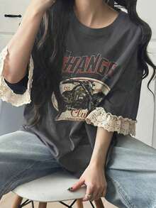 Camiseta de manga corta para mujer con ajuste holgado, estampado de letras, parches de encaje, de mezcla de algodón transpirable, versátil para primavera/verano - Gris 2 - Ver 6