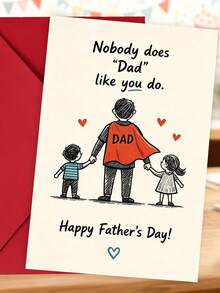 1 pieza, Tarjeta del Día del Padre "Feliz Día del Padre" dibujada a mano. Incluye sobre, papel de arte premium. Diseño de boceto de papá con capa y niños. Perfecto para celebrar la paternidad - la tarjeta adorable ideal (12cm/4.7in X 17cm/6.7in) - Sobre rojo - Ver 3