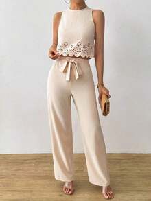 Set de 2 piezas para mujer con top corto elegante con diseño calado y ata y pantalón recto para vacaciones - Albaricoque - Ver 3