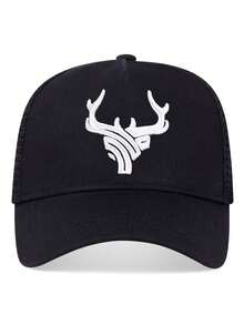 1pc Men's Deer Antler Embroidered Baseball Mesh Cap, Adjustable Outdoor Sun Protection Casual Hat Suitable For Spring/Summer Travel, Beach, Party - Black and White - View 3