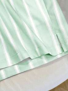 Conjunto de camisa de manga larga a rayas de un solo pecho y pantalones cortos versátiles de estilo vintage casual - verde menta 2 - Ver 4
