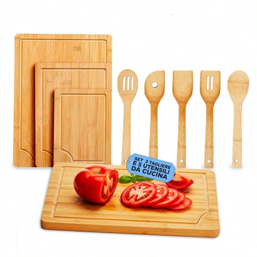 Avilia Set Taglieri in Bamboo – 3 Taglieri + 5 Utensili da Cucina Inclusi - Visualizzare 1