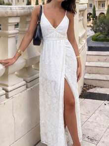 Vestido de mujer Vellofy de encaje blanco con escote en V profundo, vestido de estilo vacacional con cintura ceñida y abertura, adecuado para fiestas, citas, atuendos de playa, elegante - Blanco - Ver 1