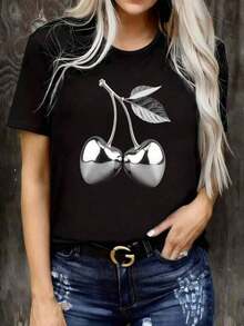 1 pieza de camiseta unisex de manga corta y cuello redondo, holgada, de 180 g, diseñada por artistas de Y2K en el estilo Bababask, hecha de 100% algodón puro. Son informales y versátiles, adecuados para ropa urbana, salidas diarias, campamentos, conciertos, eventos de hip-hop, rock y rap, y presentan diseños inspirados en celebridades. Ideal para festivales, otoño y uso durante todo el año. Cereza Plateada con Estampado de Hojas - Negro - Ver 7