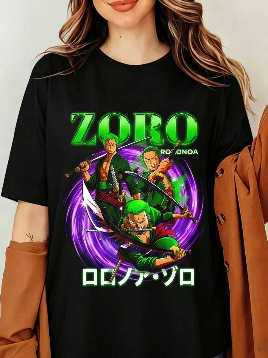 RORONOA ZORO ONES PIECES Anime Graphic T-Shirt, Manga Portrait Japanese Streetwear, Luffys Crew Three Sword Style Fans Merch Unisex Black Cotton Short Sleeve Top, Ones Pieces Roronoa Zoro Anime T-Shirt Swordsman Katana Graphic Shirt Gift - Black - View 1