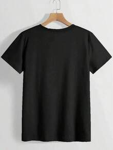 GiftCamiseta negra de cuello redondo para mujer con estampado de letras y anime de moda [diseño doble en la parte delantera y trasera], diseño sencillo, cómoda y transpirable, adecuada para el uso diario informal, que muestra un estilo natural y elegante, imprescindible para fiestas de verano, envío local - Camiseta unisex de algodón holgada de manga corta y cuello redondo estilo vintage urbano. Suave - Negro - Ver 3