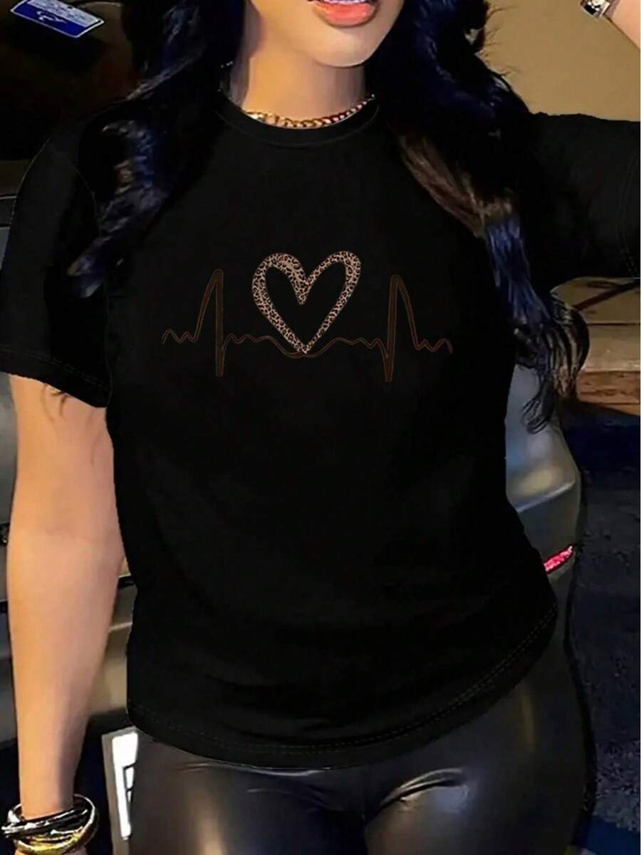 YOCASA Camiseta informal de verano para mujer, de cuello redondo, ajustada y manga corta, con estampado de pintura al óleo, floral, de corazones, de cerezas y de letras. Tejido informal sencillo, estilo deportivo, ideal para el día a día y para una cita de San Valentín. - Negro - Ver 1
