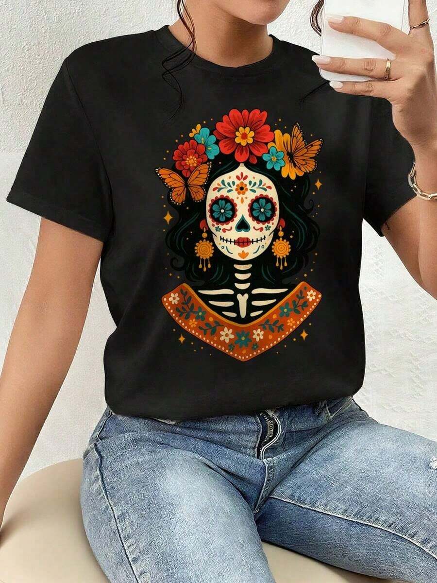 ofertas y liquidacionesPlayera Para Mujer,Día De Muertos Estético Esqueleto Camiseta Gráfica - Regalo Para Mujer, Con Estampado Floral Mexicano, Ideal Para Halloween, Otoño Y Verano, Lavable A Máquinaplayera de hombretops sudaderas para mujer Y2k Camiseta Camisa De - Negro - Ver 1