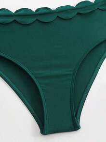 Swim Oasis Set de 3 piezas de traje de baño de vacaciones de moda para mujer, que incluye: top de bikini de unicolor con tirantes, soporte y recogido, Bottom de talle alto, y vestido largo de playa calado con bordado - Verde Oscuro - Ver 7