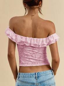 Women Summer Coquette Off Shoulder Ruffle Lace Crop Top Twist Front Short Sleeve Blouse - Pink - View 6