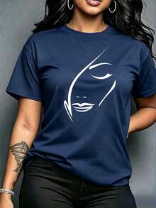 Playera Casual Mujer "Rostro Femenino Minimalista" - Azul Marino con Estampado de Líneas Elegantes - Azul Marino - Ver 2